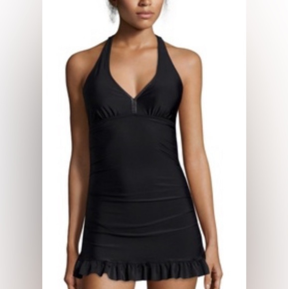 Spanx Love your Assets Black Skirted Halter Swim Dress Size Large